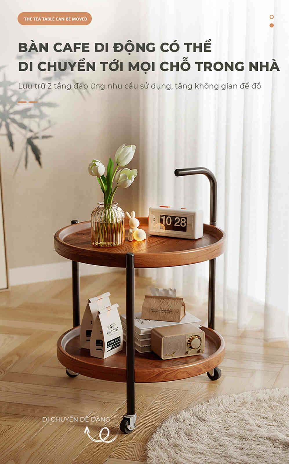 Bàn trà di động 2 tầng chân đen mặt óc chó