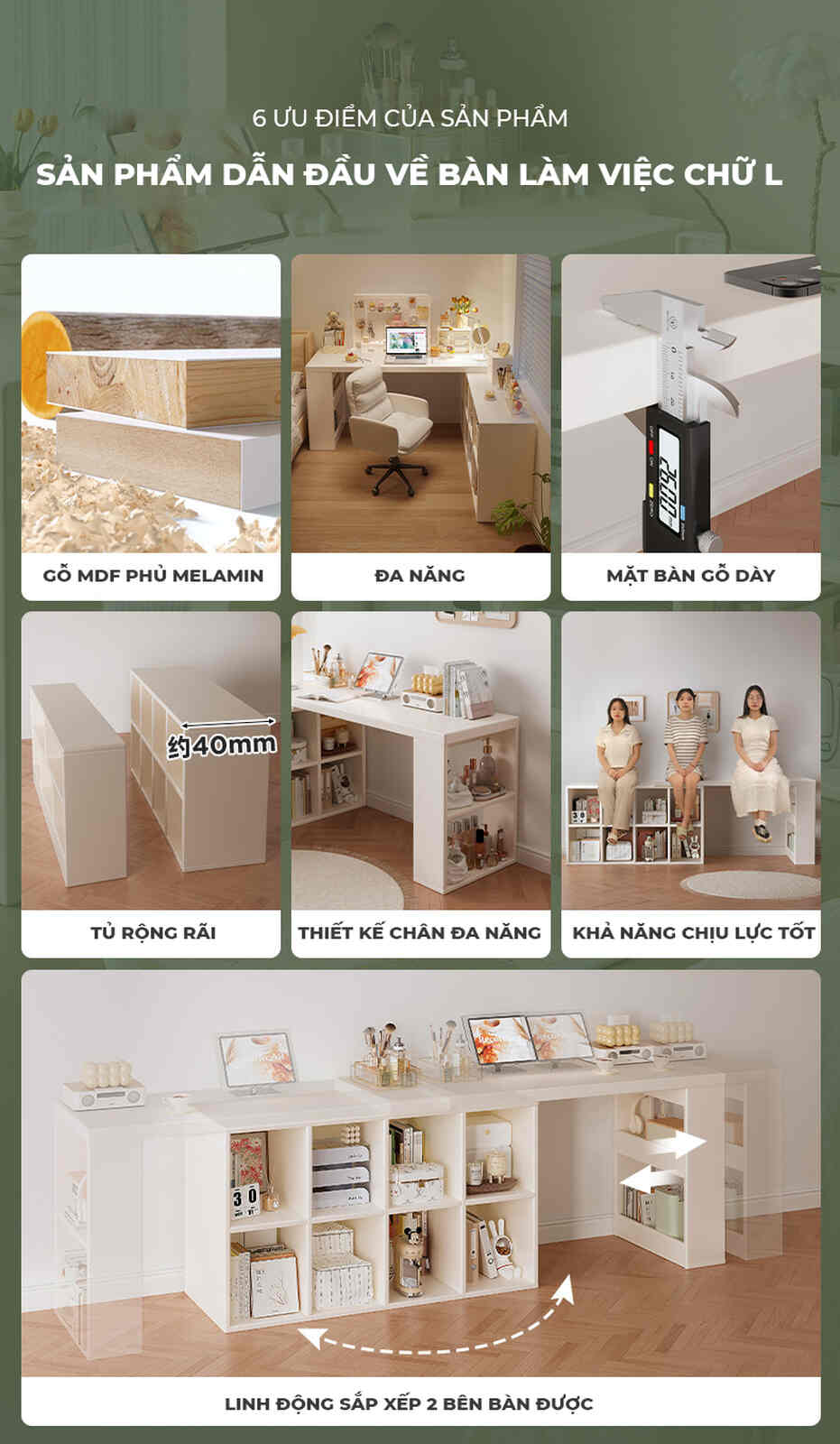 Bàn làm việc đa năng kèm tủ để đồ full trắng