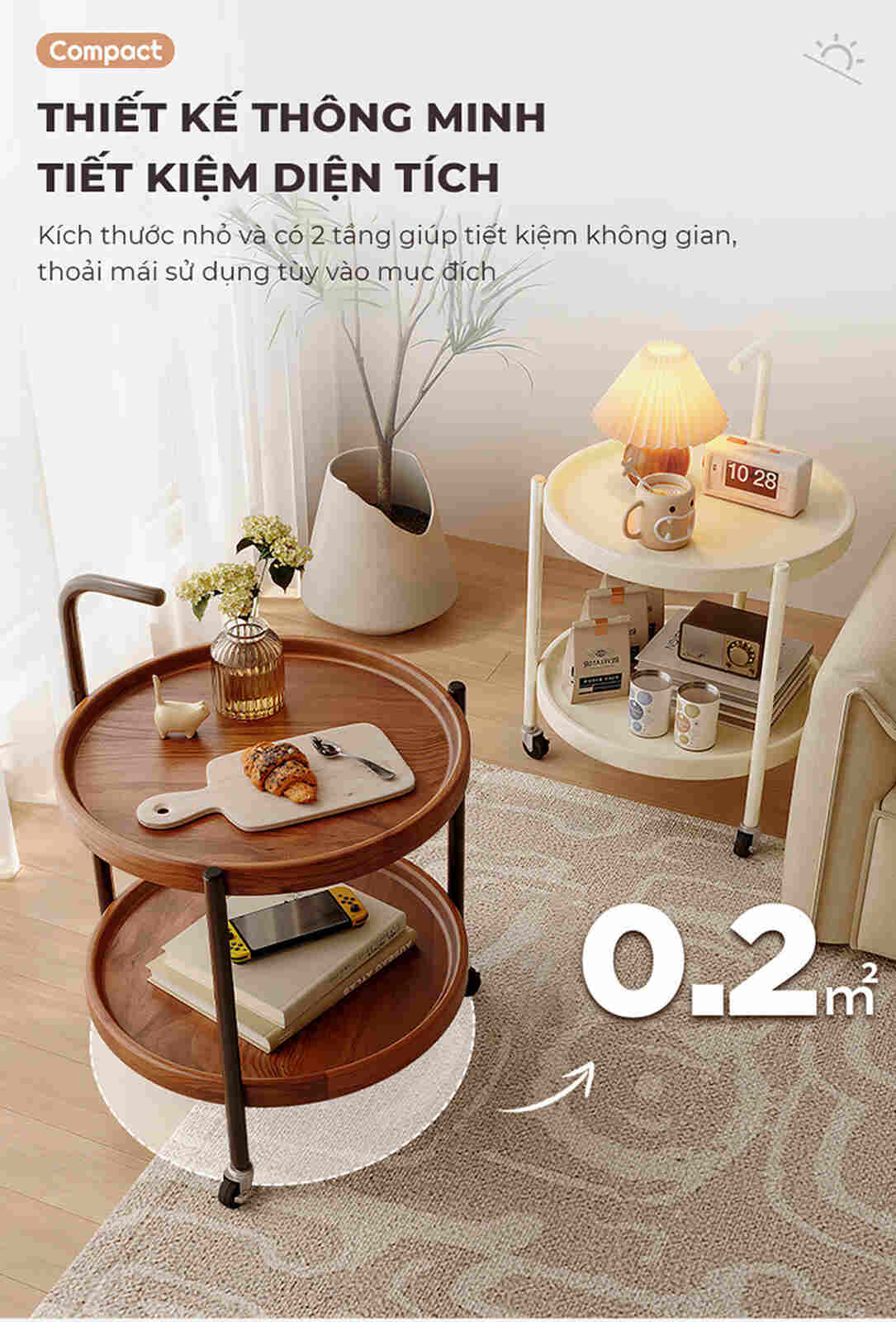 Bàn trà di động 2 tầng chân đen mặt óc chó