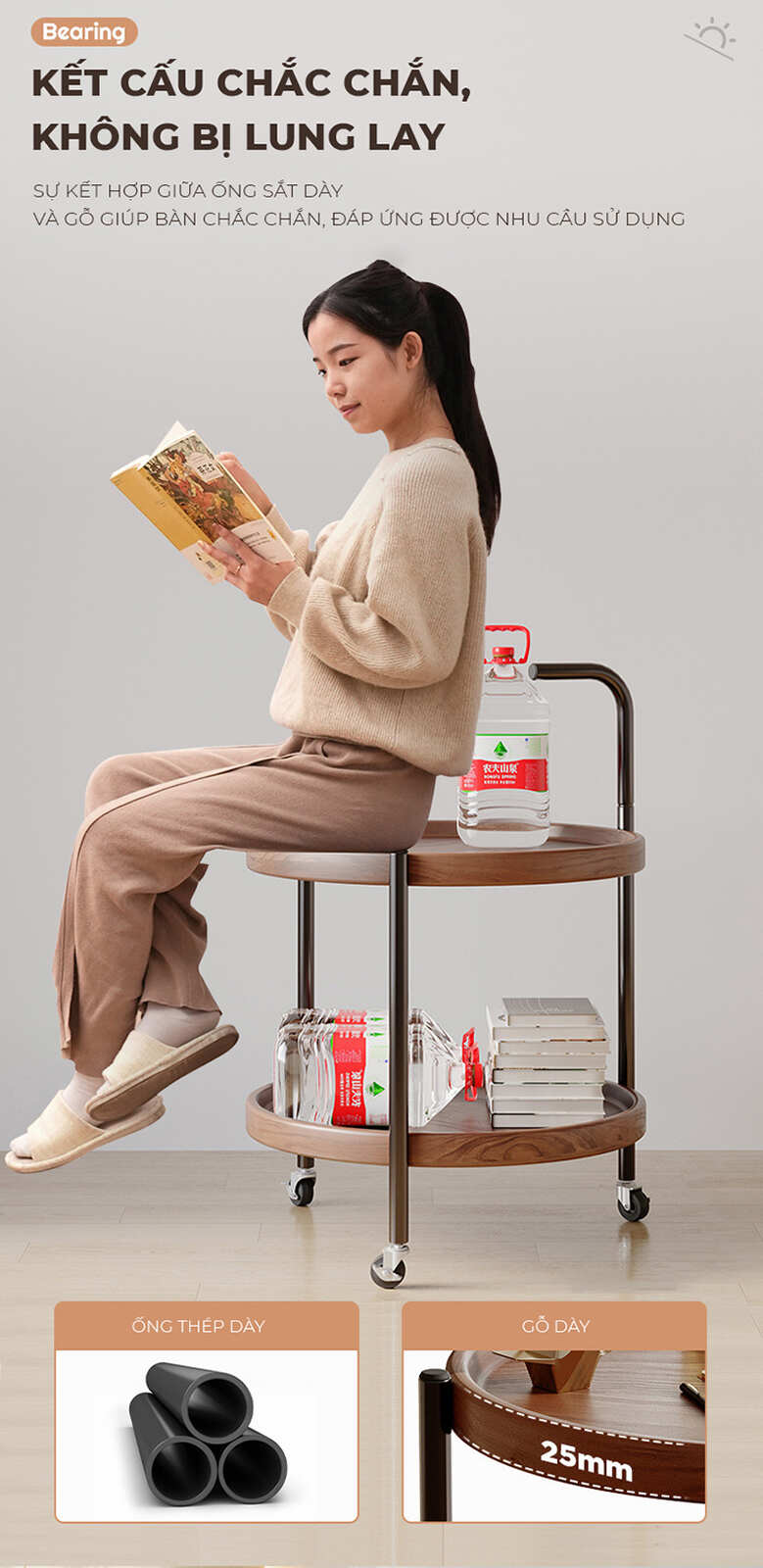 Bàn trà di động 2 tầng chân đen mặt óc chó