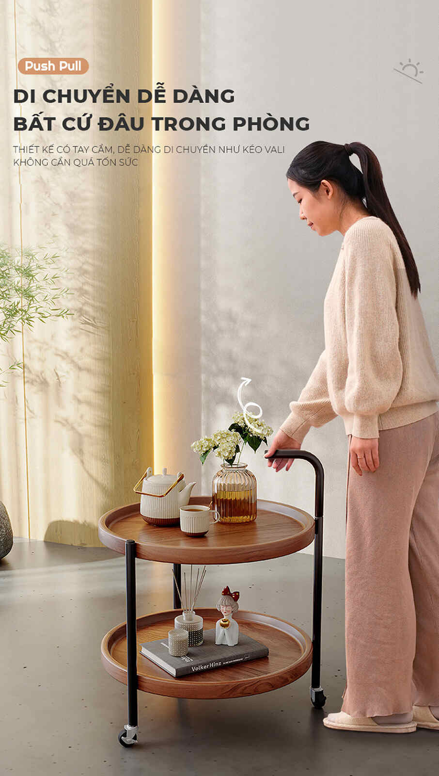 Bàn trà di động 2 tầng chân đen mặt óc chó