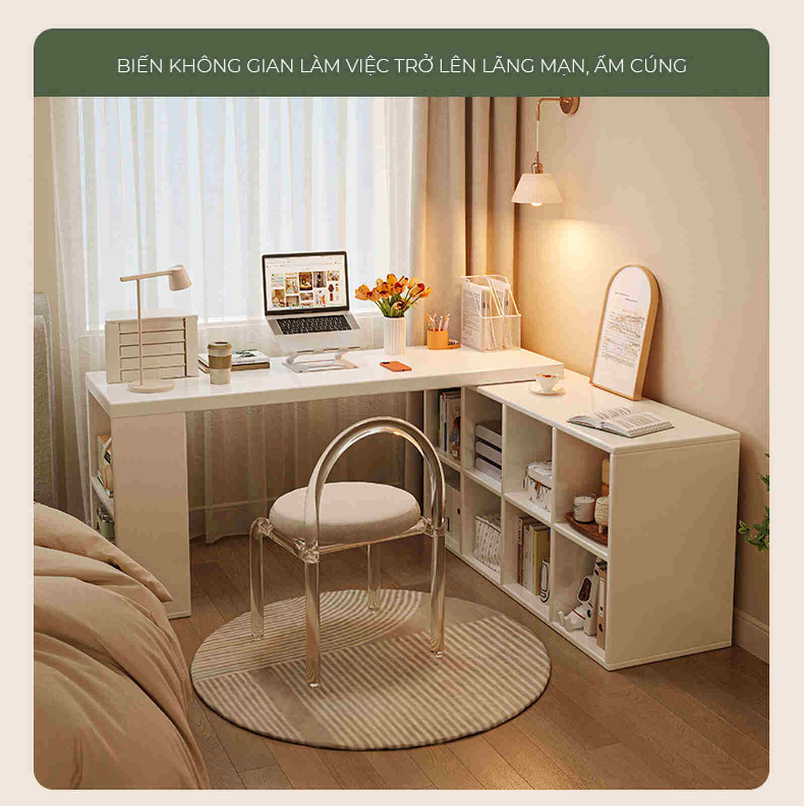 Bàn làm việc đa năng kèm tủ để đồ full trắng