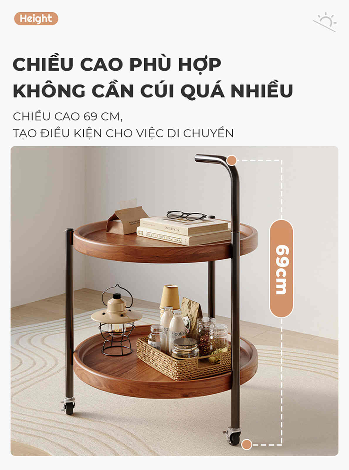 Bàn trà di động 2 tầng chân đen mặt óc chó