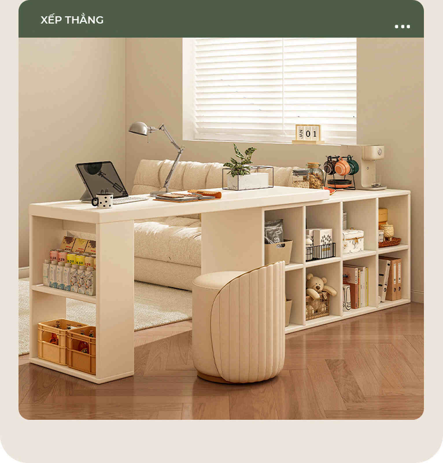 Bàn làm việc đa năng kèm tủ để đồ full trắng