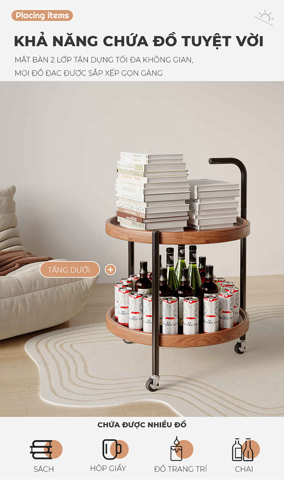 Bàn trà di động 2 tầng chân đen mặt óc chó