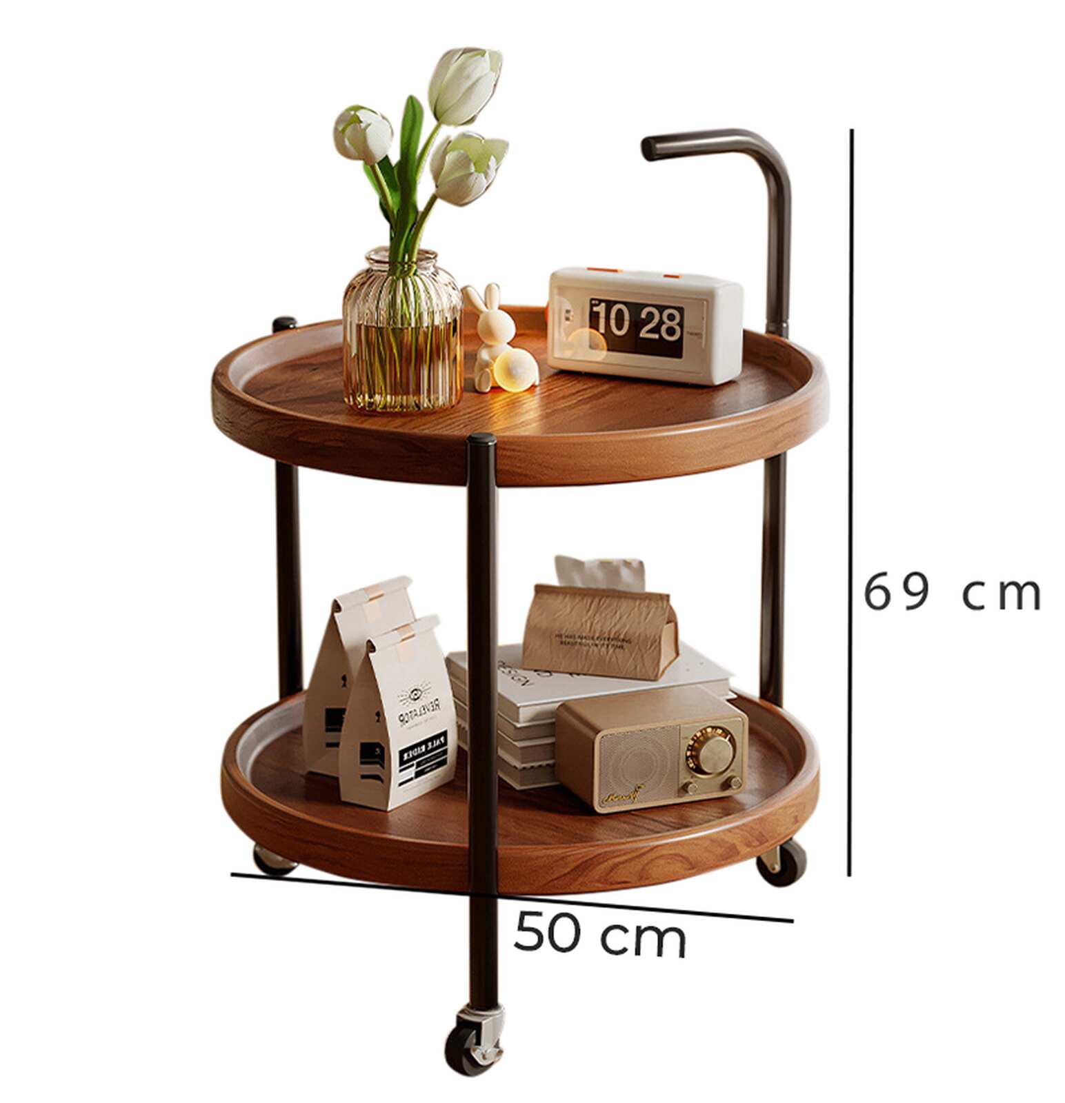 Bàn trà di động 2 tầng chân đen mặt óc chó