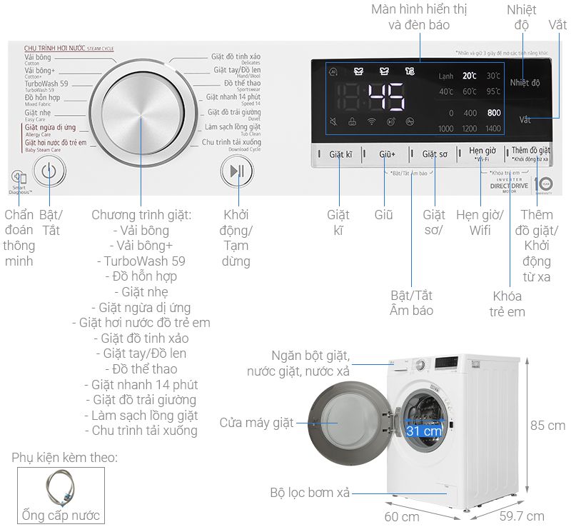 chi tiết máy giặt LG Máy giặt LG AI DD Inverter 10 kg FV1410S4W1