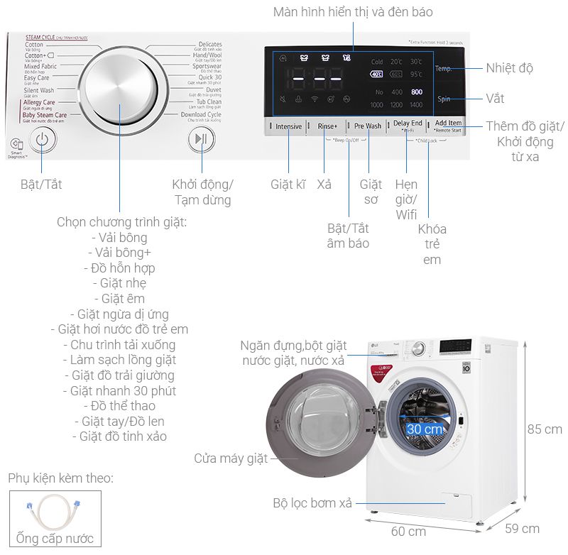 chi tiết chức năng Máy giặt LG AI DD Inverter 8.5 kg FV1408S4W