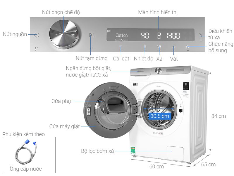 thông số Máy giặt Samsung Inverter 9 Kg WW90TP54DSH/SV