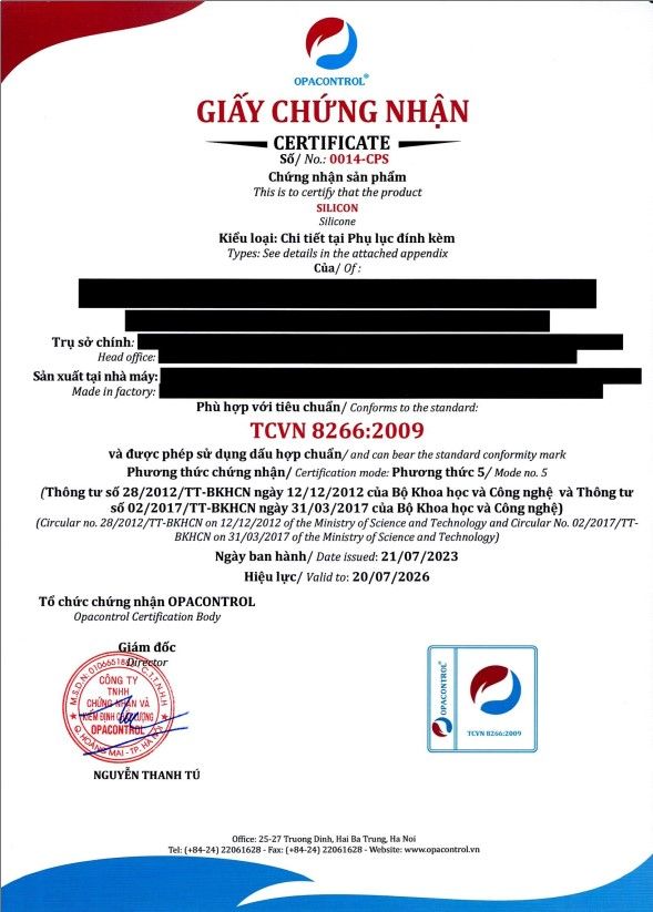 Mẫu giấy chứng nhận hợp chuẩn silicon theo TCVN