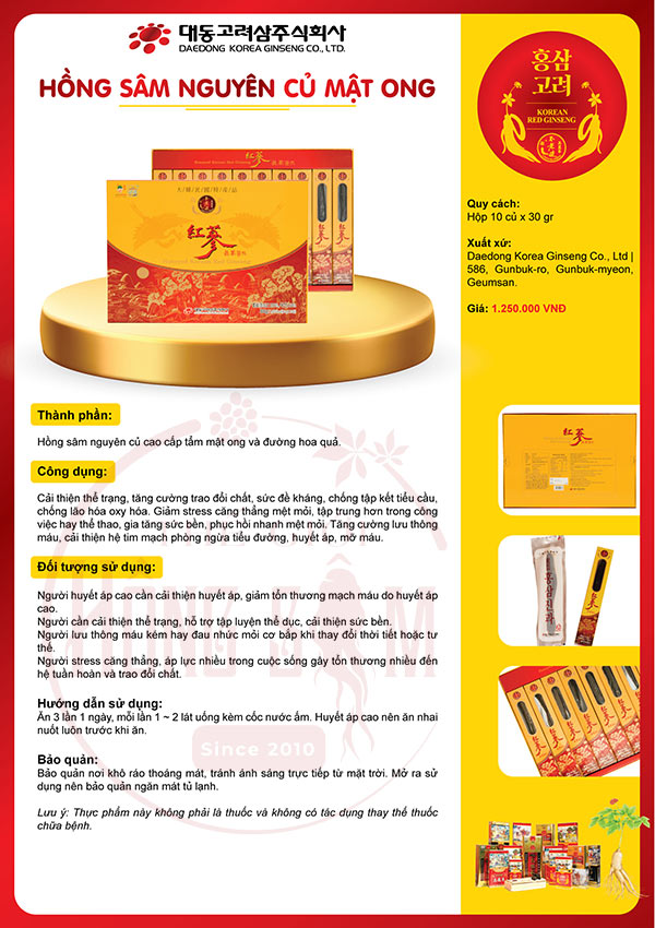 Hồng sâm củ tẩm mật ong Deadong hộp 10 củ (300g) chính hãng Hàn Quốc.