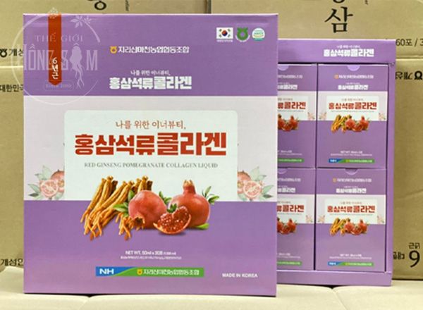 Hình ảnh sản phẩm nước hồng sâm collagen lựu hộp 30 gói x 50ml chính hãng Hàn Quốc.