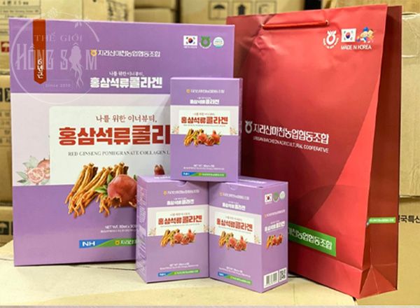 Hình ảnh sản phẩm nước hồng sâm collagen lựu hộp 30 gói x 50ml chính hãng Hàn Quốc.