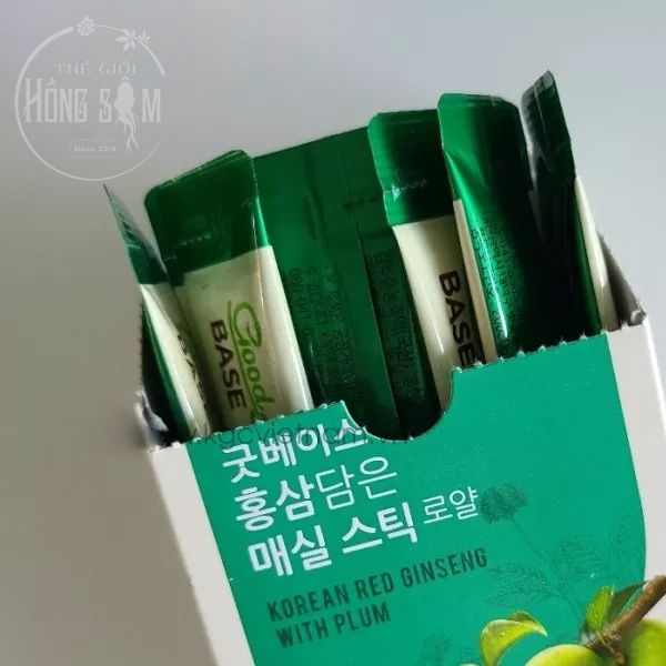 Hình ảnh hộp nước hồng sâm KGC Goodbase vị mơ 30 gói x 10ml chính hãng Hàn Quốc.