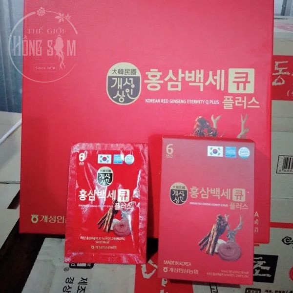 Hình ảnh sản phẩm nước hồng sâm nhung hươu linh chi Q Plus chính hãng Hàn Quốc.