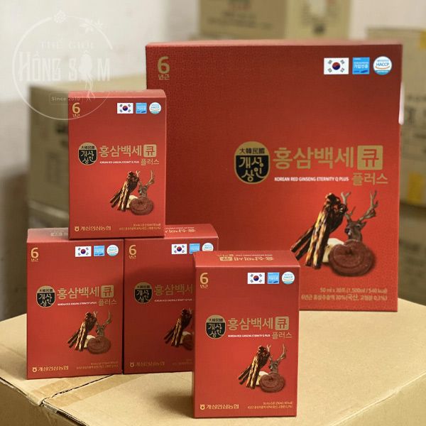 Hình ảnh sản phẩm nước hồng sâm nhung hươu linh chi Q Plus chính hãng Hàn Quốc.