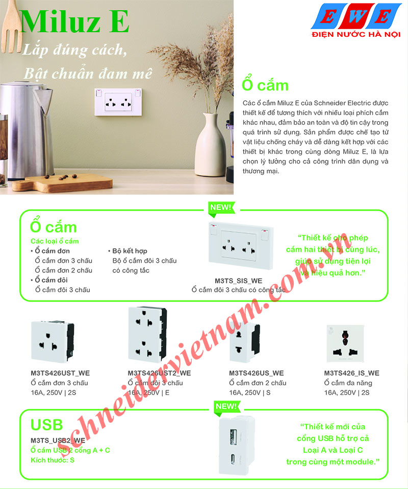 Các loại ổ cắm Miluz Schneider