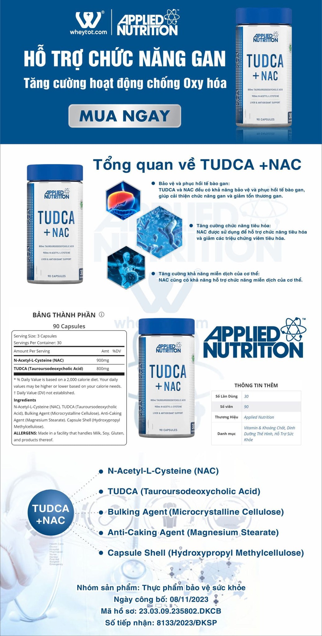 Applied Nutrition TUDCA + NAC 90 Viên (30 Servings)
