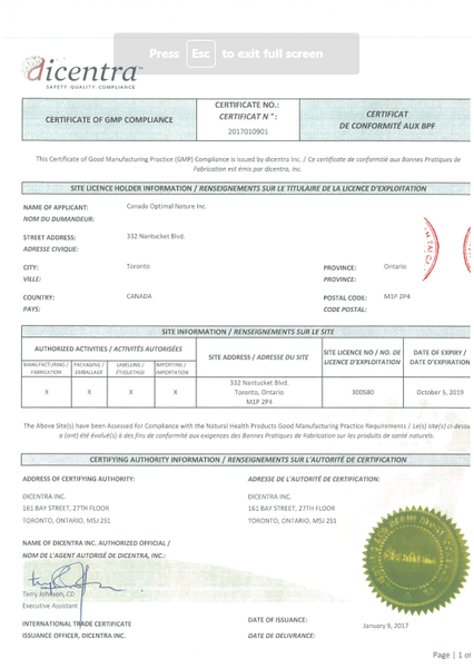 Giấy chứng nhận tiêu chuẩn GMP của đơn vị sản xuất Nources (Canada Optimal Inc.)