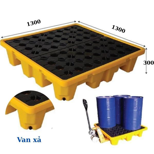 Pallet chống tràn dầu loại 4 phuy có van xả