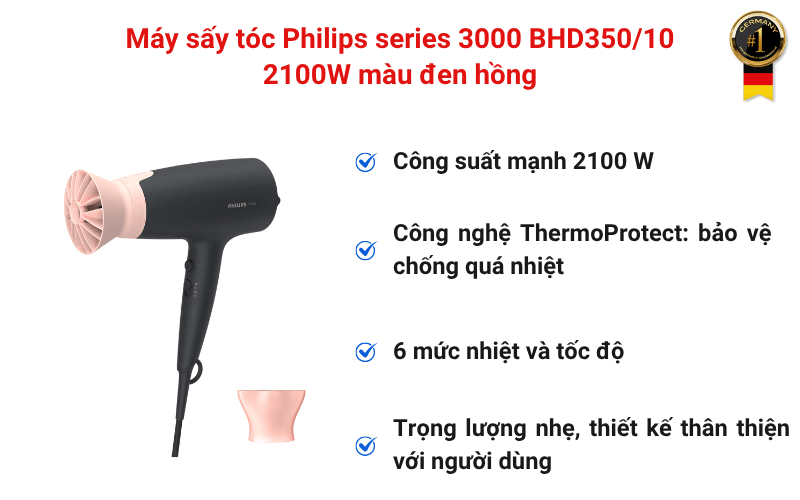 Máy sấy tóc Philips series 3000 BHD350/10 2100W màu đen hồng