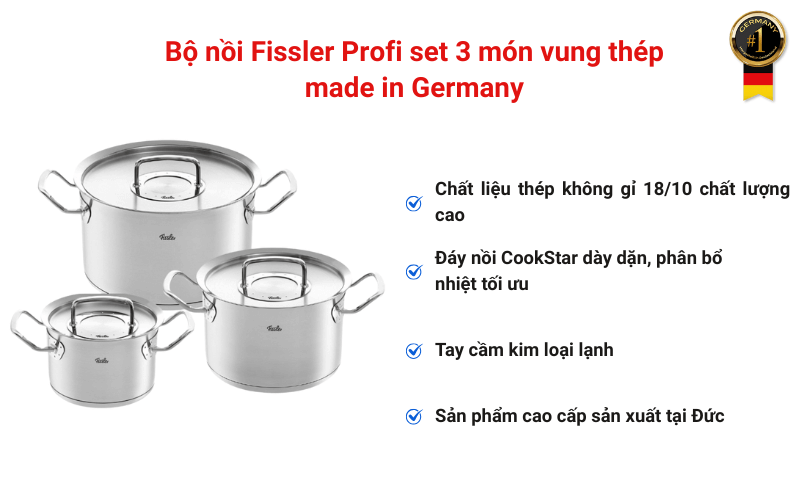 Bộ nồi Fissler Profi set 3 món vung thép made in Germany