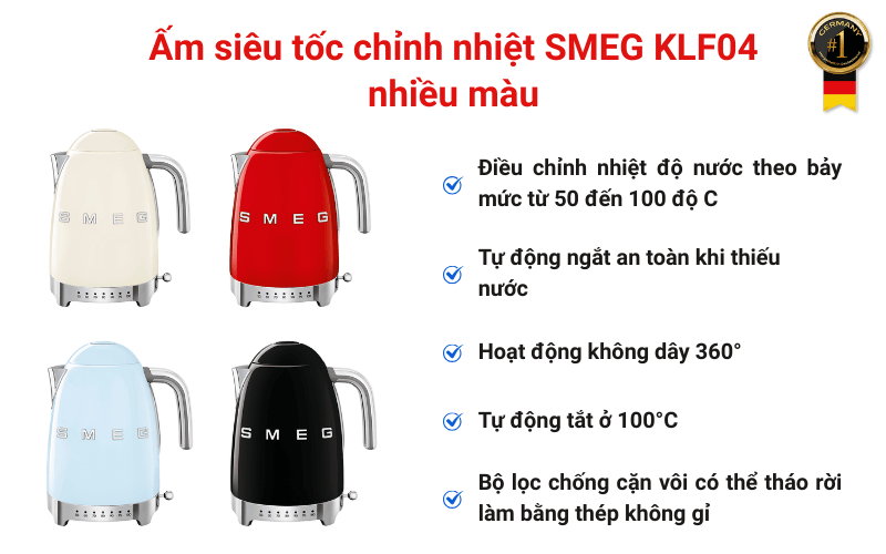 Ấm siêu tốc chỉnh nhiệt SMEG KLF04