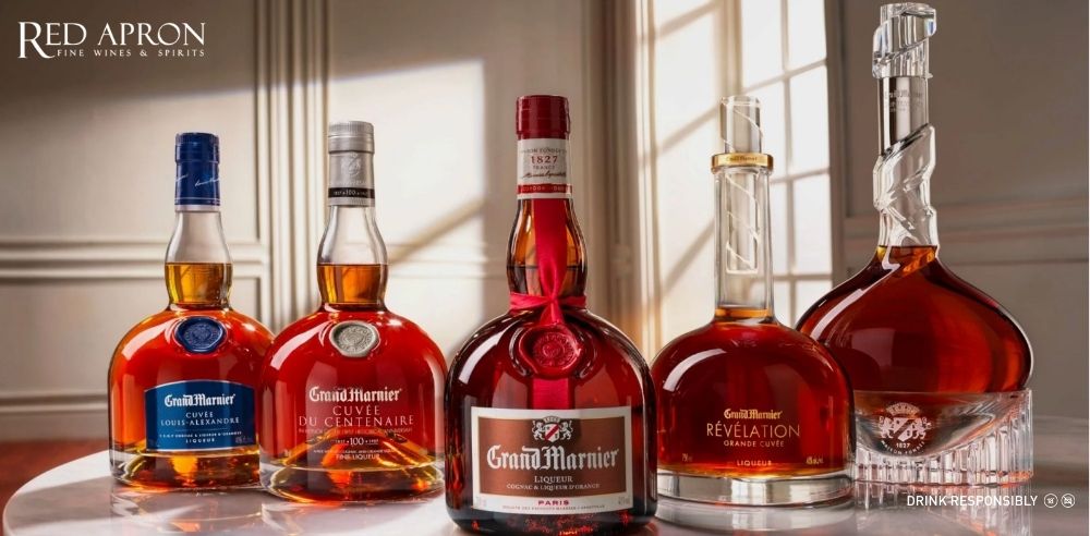 Ba chai liqueur cam: rượu grand marnier của pháp (hổ phách), Cointreau, Triple Sec, phục vụ mục so sánh