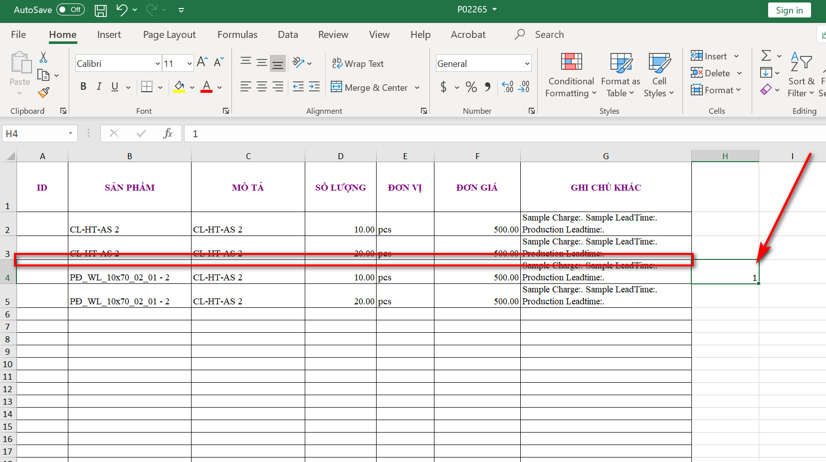 Điền số 1 vào cột bên ngoài, dưới vị trí cần chèn
