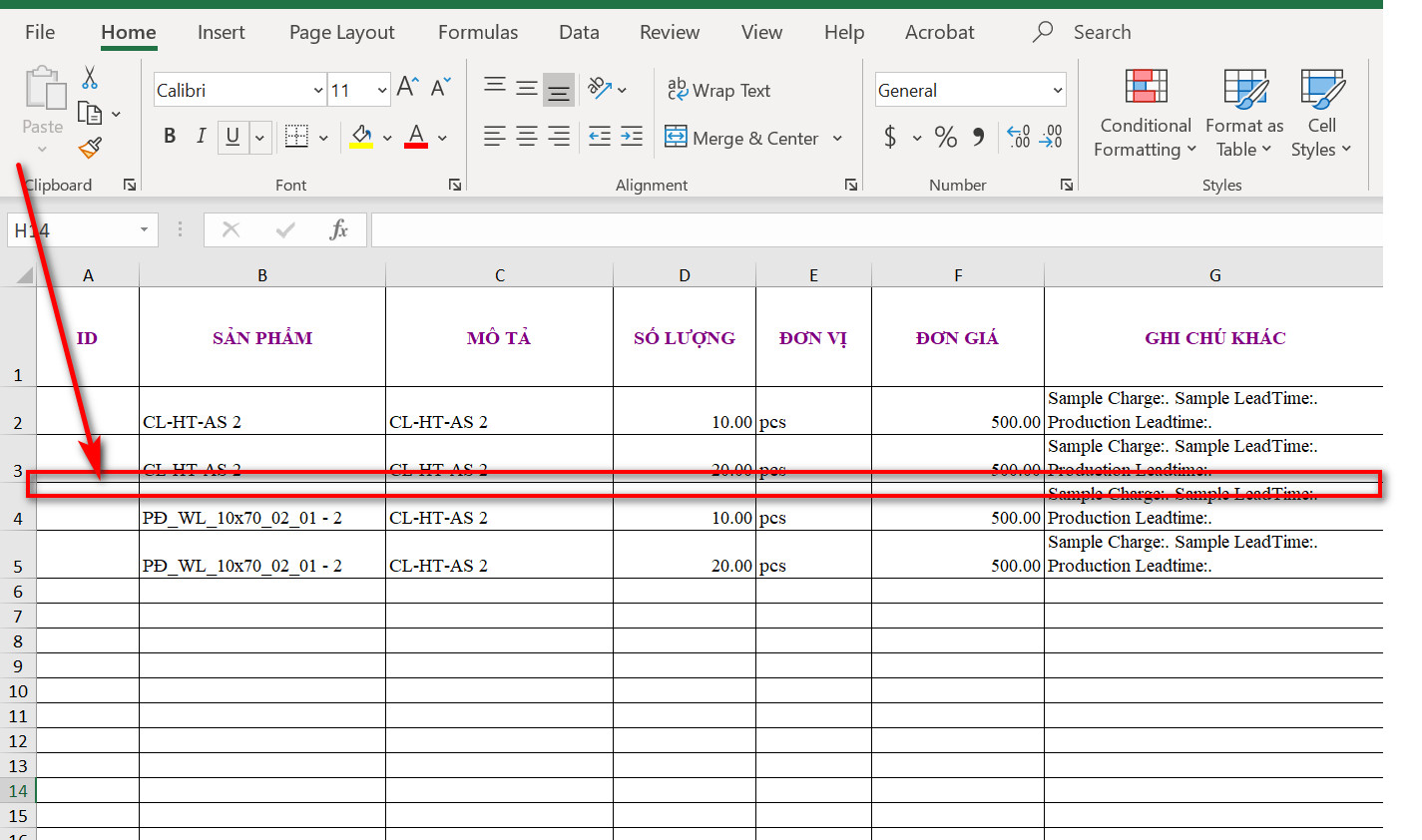 Thêm dòng bất kỳ vào Excel