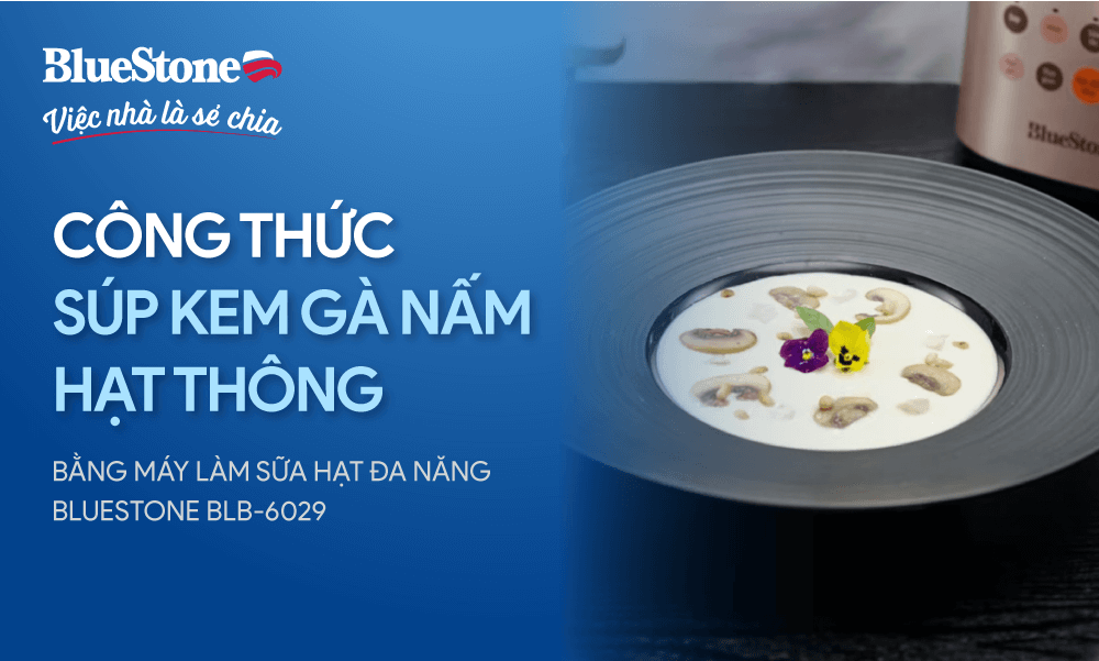 Làm súp kem gà nấm hạt thông bằng máy làm sữa hạt BlueStone