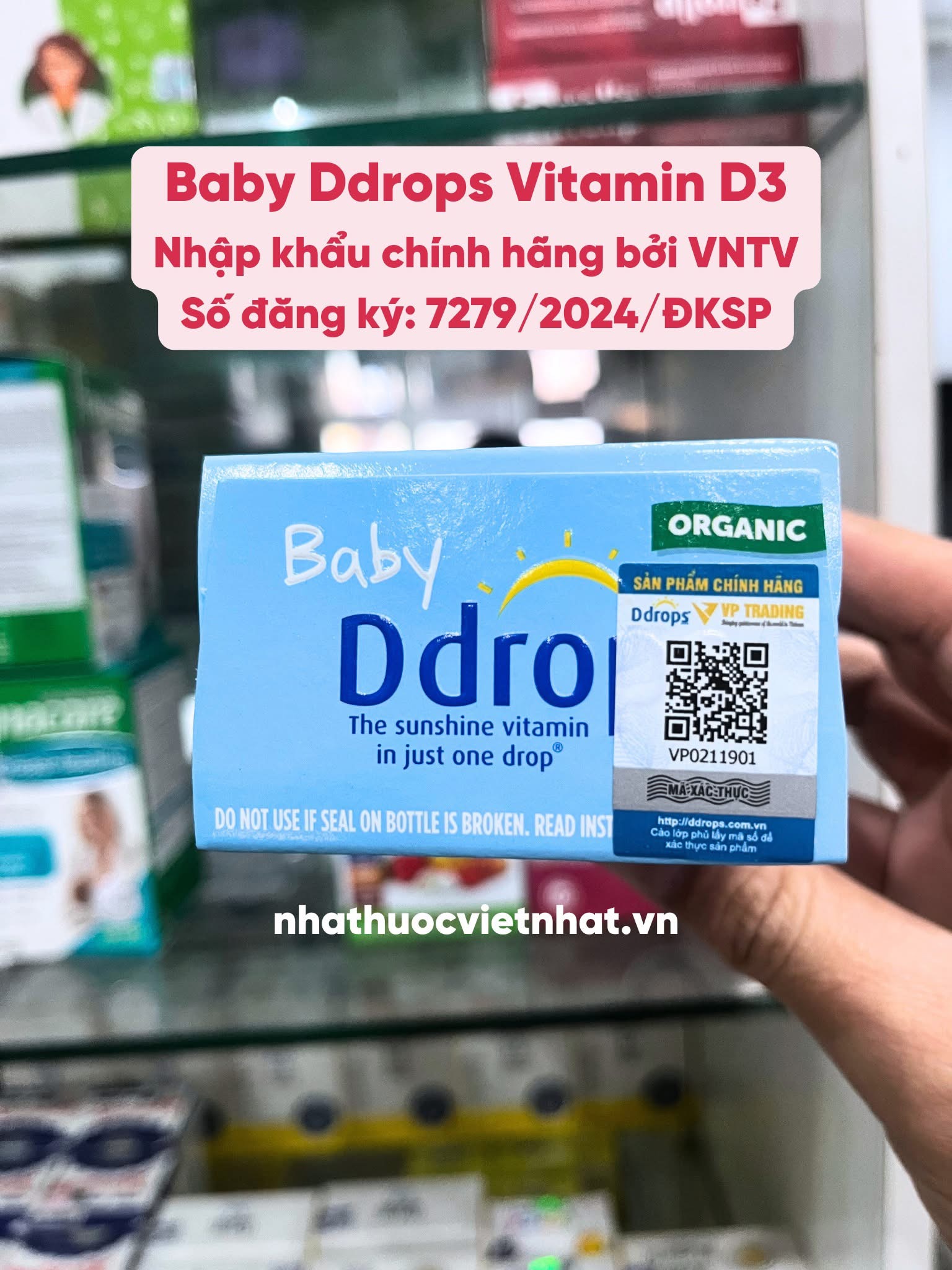 nhathuocvietnhat.vn-Baby Ddrops Vitamin D3 - Vitamin D3 thuần nhỏ giọt cho trẻ sơ sinh, lọ 90 giọt (90 ngày), có mã QR xác thực