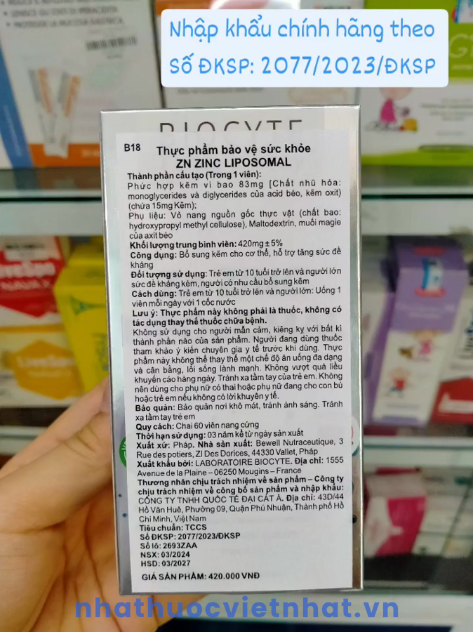 nhathuocvietnhat.vn - Zn Zinc Liposomal Biocyte Của Pháp nhập khẩu chính hãng có tem và nhãn phụ tiếng Việt