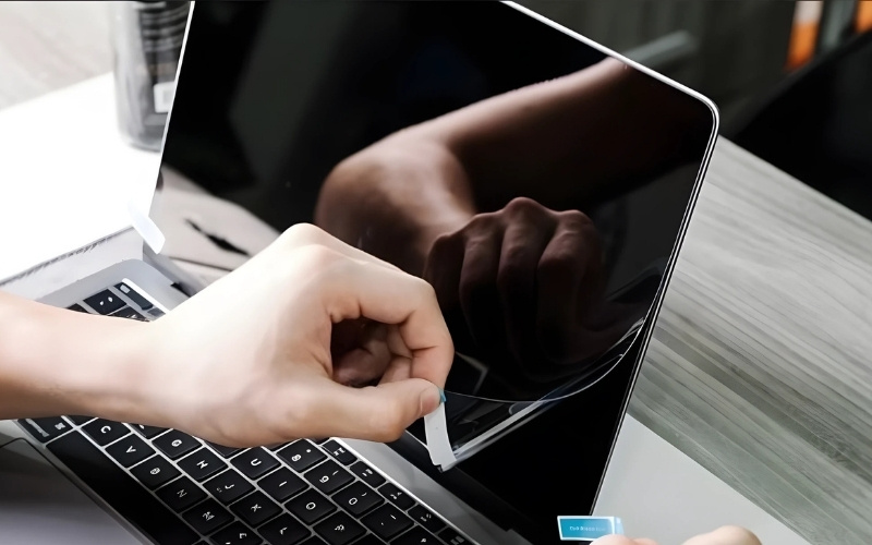 Bóc nhẹ lớp seal số 1 khoảng vài cm, căn chỉnh lại cho thẳng hàng với cạnh trên của màn hình