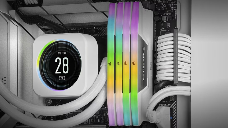 Ram Corsair Vengeance RGB 64GB DDR5 màu trắng được lắp trên bo mạch chủ, tỏa sáng rực rỡ