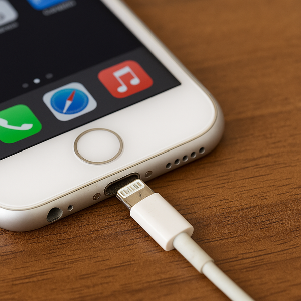 Cận cảnh chân sạc iPhone bám bụi và đầu cáp sạc bị mòn nhẹ