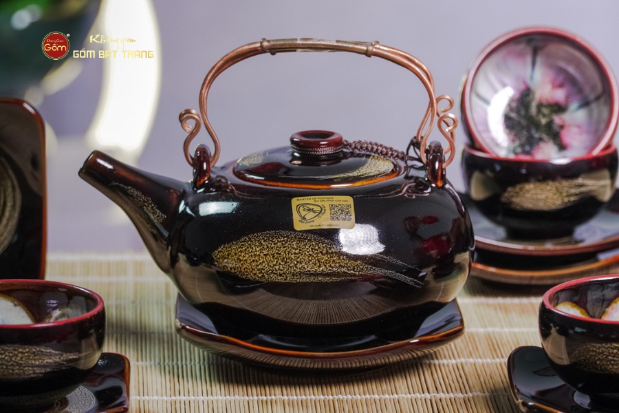 Bộ Ấm Chén Giang Tây Quét Xám Men Hỏa Biến Lòng Hoa