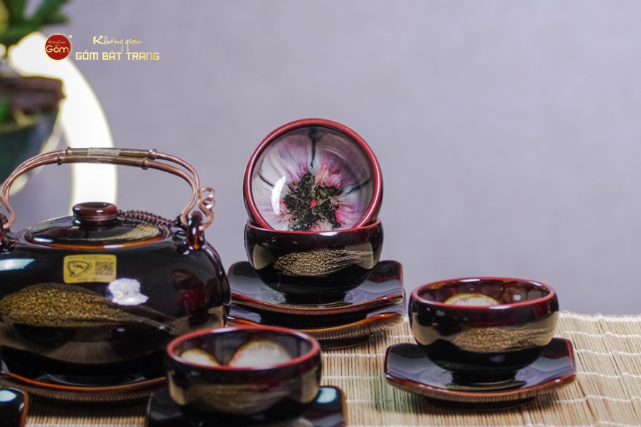 Bộ Ấm Chén Giang Tây Quét Xám Men Hỏa Biến Lòng Hoa