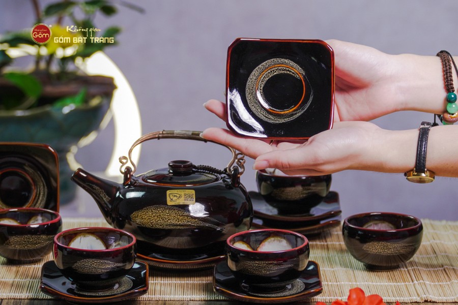 Bộ Ấm Chén Giang Tây Quét Xám Men Hỏa Biến Lòng Hoa