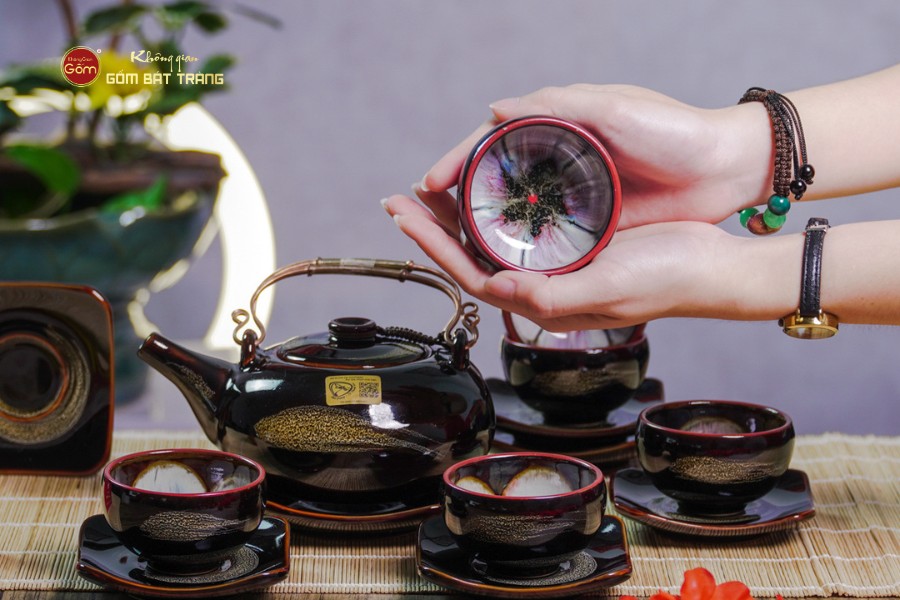 Bộ Ấm Chén Giang Tây Quét Xám Men Hỏa Biến Lòng Hoa