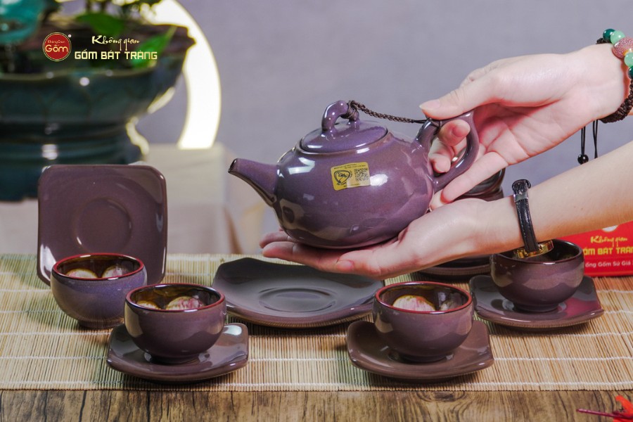 Bộ Ấm Chén Men Hỏa Biến Tím Mật Quả Hồng