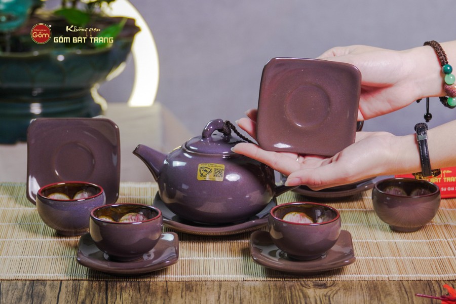 Bộ Ấm Chén Men Hỏa Biến Tím Mật Quả Hồng