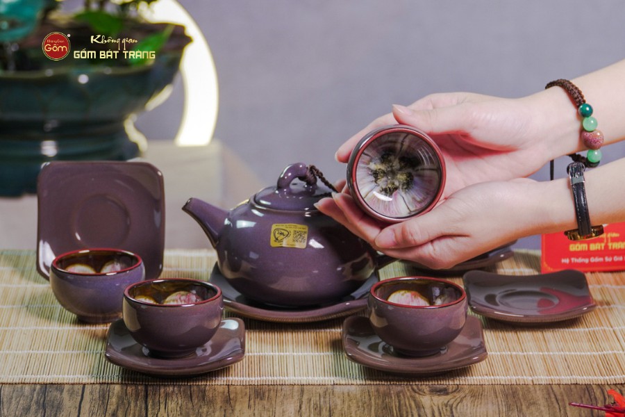 Bộ Ấm Chén Men Hỏa Biến Tím Mật Quả Hồng