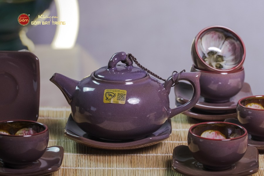 Bộ Ấm Chén Men Hỏa Biến Tím Mật Quả Hồng