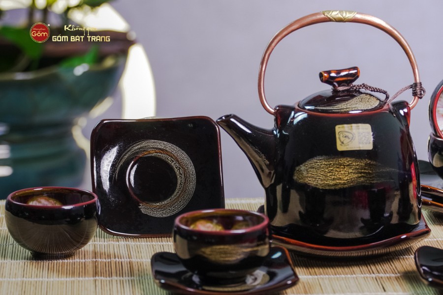 Bộ Ấm Chén Siêu Men Hỏa Biến Quét Xám Lòng Hoa