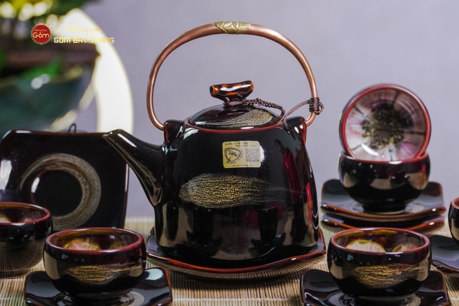 Bộ Ấm Chén Siêu Men Hỏa Biến Quét Xám Lòng Hoa