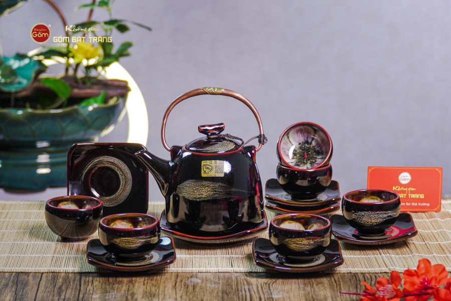 Bộ Ấm Chén Siêu Men Hỏa Biến Quét Xám Lòng Hoa