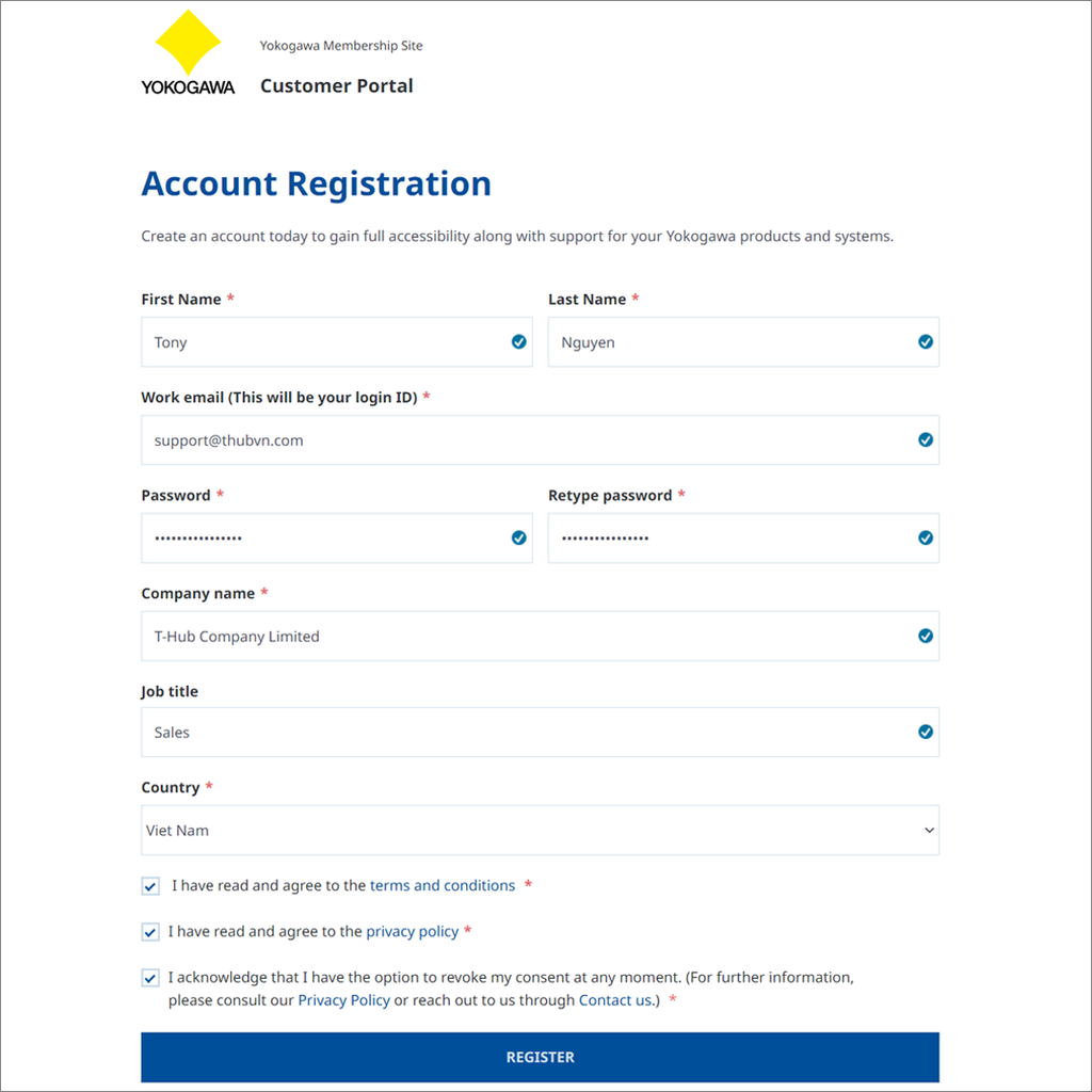 Hướng dẫn điền thông tin đăng ký Yokogawa Portal