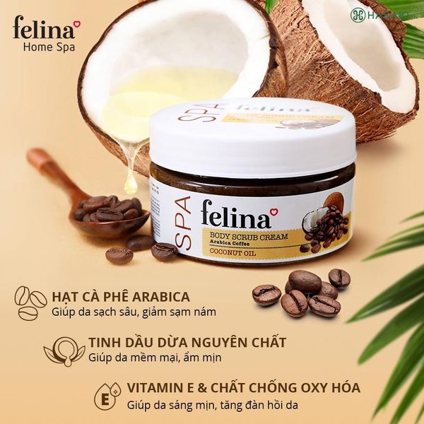 Felina kem tẩy tế bào da chết hạt Cà phê và tinh dầu Dừa 100g