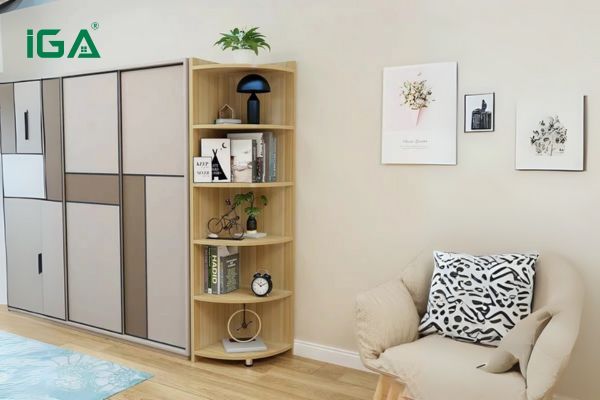 Ý tưởng bài trí phòng khách với kệ góc tường